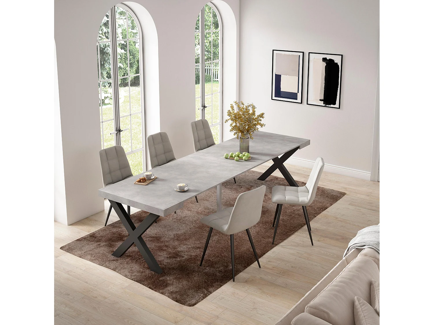 Mesa Consola Extensível, 302x90x73cm, Para 14 pessoas, Pés de madeira, Cimento