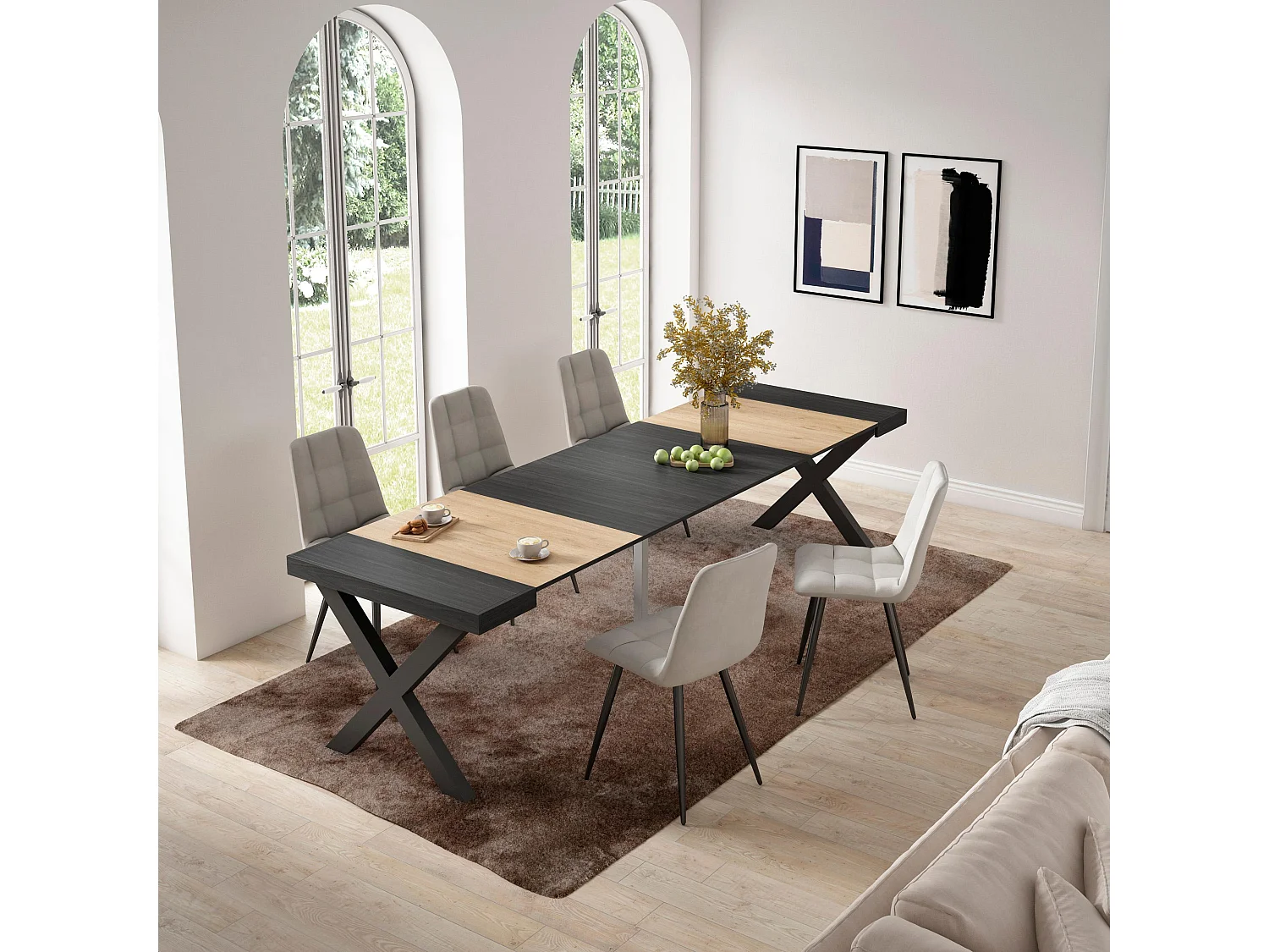 Uitschuifbare Consoletafel, 302x90x73cm, Voor 14 personen, Massief houten poten, Eiken/Zwart