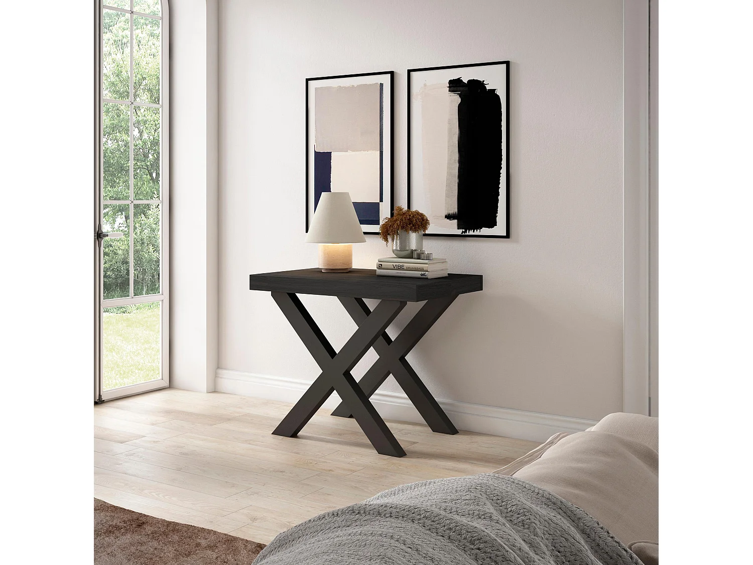 Uitschuifbare Consoletafel, 302x90x73cm, Voor 14 personen, Massief houten poten, Eiken/Zwart