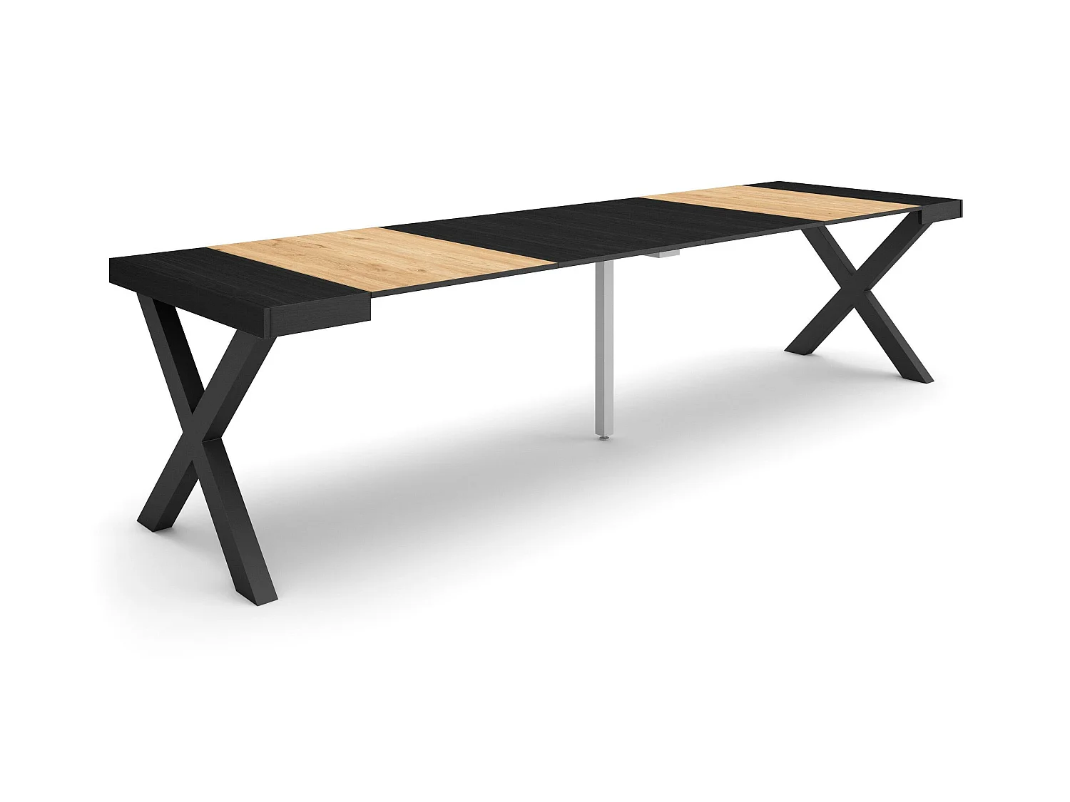 Table console extensible, 302x90x73cm, Pour 14 personnes, Pieds bois massif, Chêne et noir