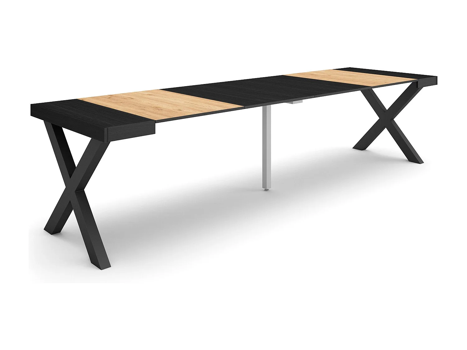 Uitschuifbare Consoletafel, 302x90x73cm, Voor 14 personen, Massief houten poten, Eiken/Zwart