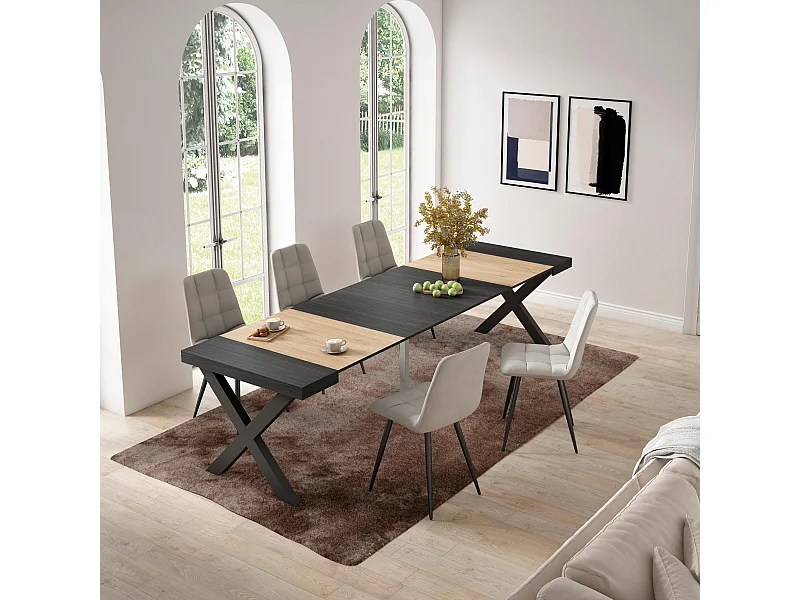 Uitschuifbare Consoletafel, 302x90x73cm, Voor 14 personen, Massief houten poten, Eiken/Zwart