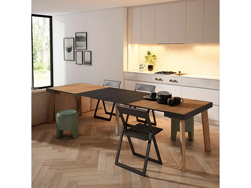 Uitschuifbare Consoletafel, 302x90x73cm, Voor 14 personen, Houten poten, Eiken/Zwart