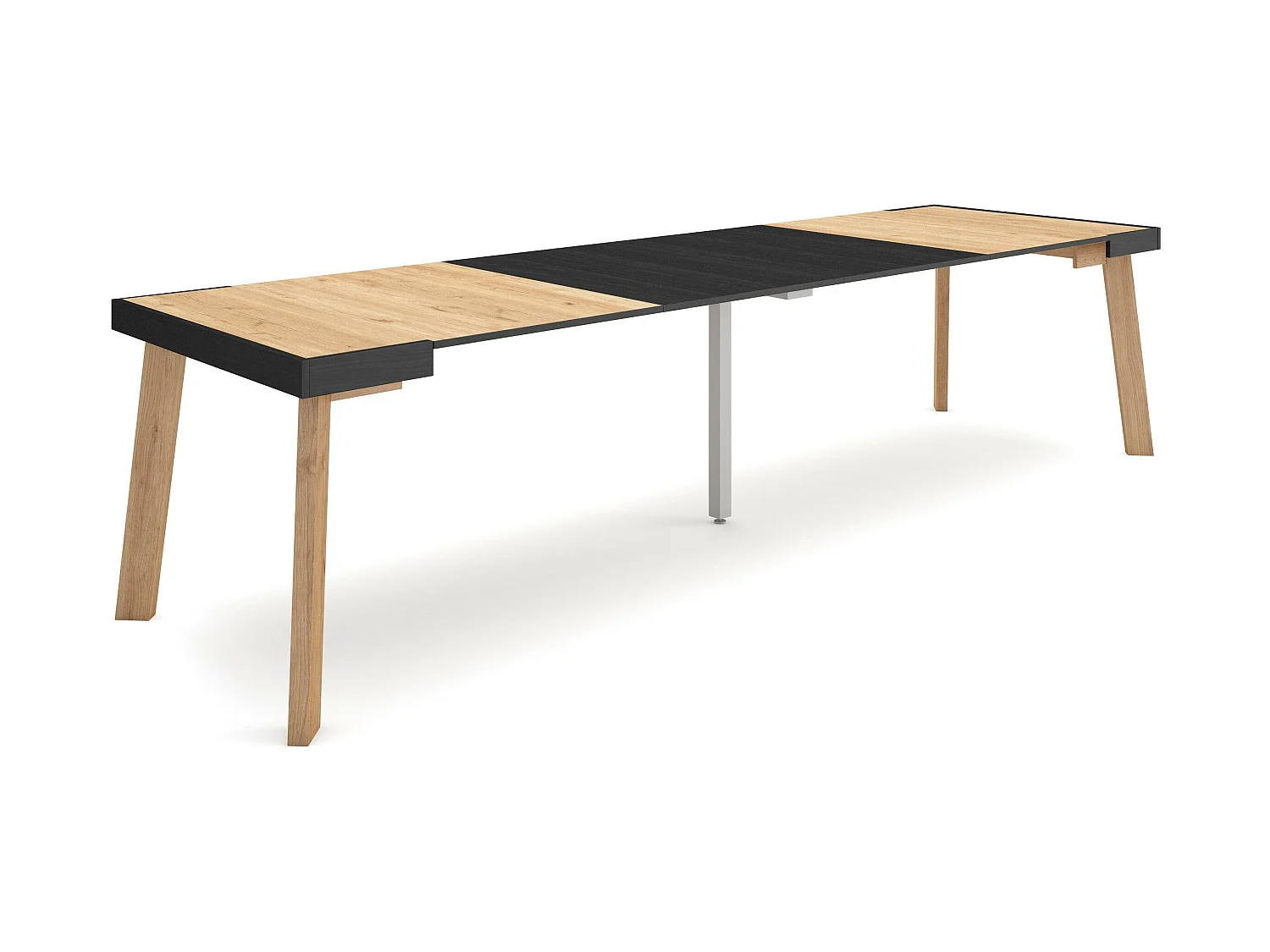 Table console extensible, 302x90x73cm, Pour 14 personnes, Pieds en bois, Chêne et noir