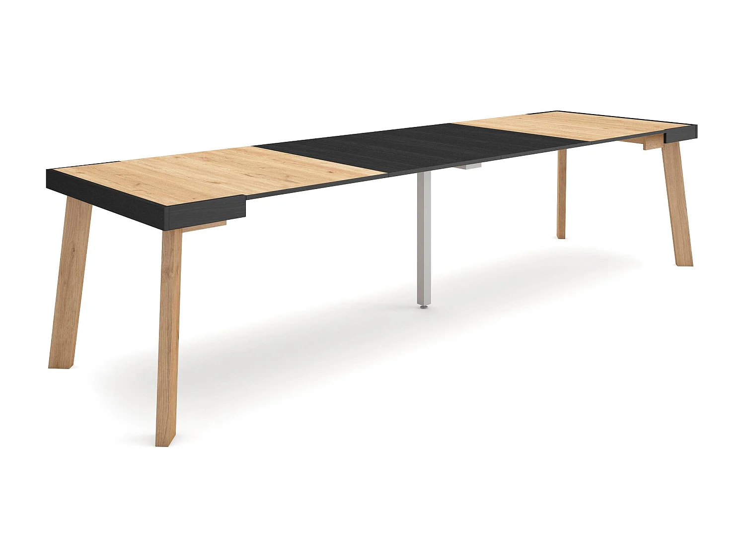 Table console extensible, 302x90x73cm, Pour 14 personnes, Pieds en bois, Chêne et noir