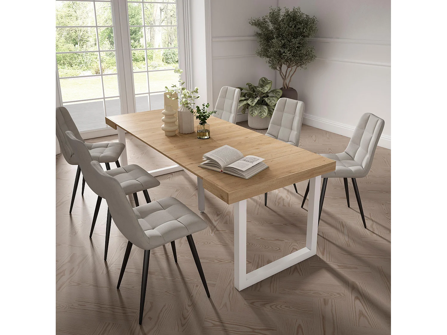 Table console extensible, 222x90x73cm, Pour 10 personnes, Pieds bois massif, Chêne