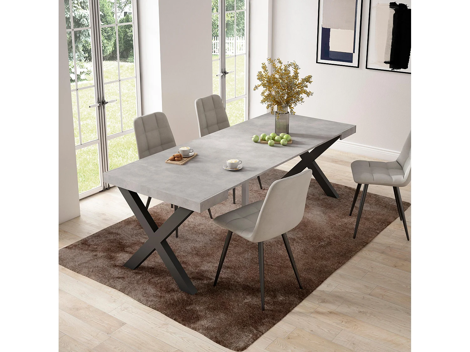 Uitschuifbare Consoletafel, 222x90x73cm, Voor 10 personen, Massief houten poten, Cement