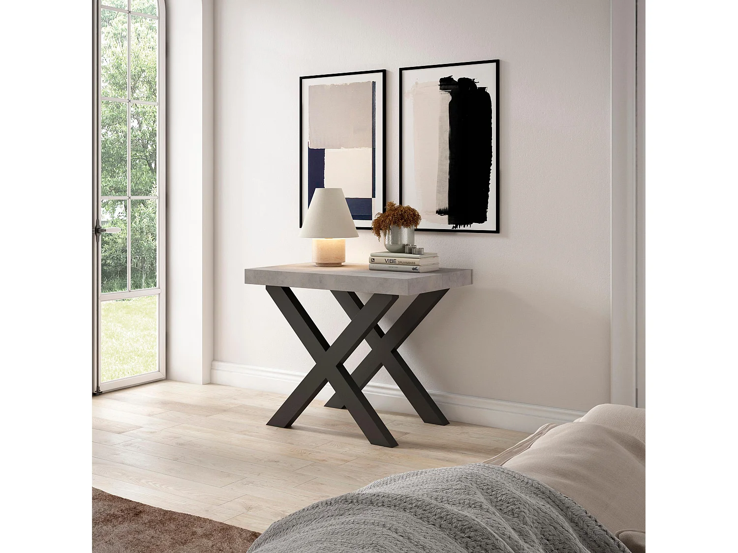 Uitschuifbare Consoletafel, 222x90x73cm, Voor 10 personen, Massief houten poten, Cement