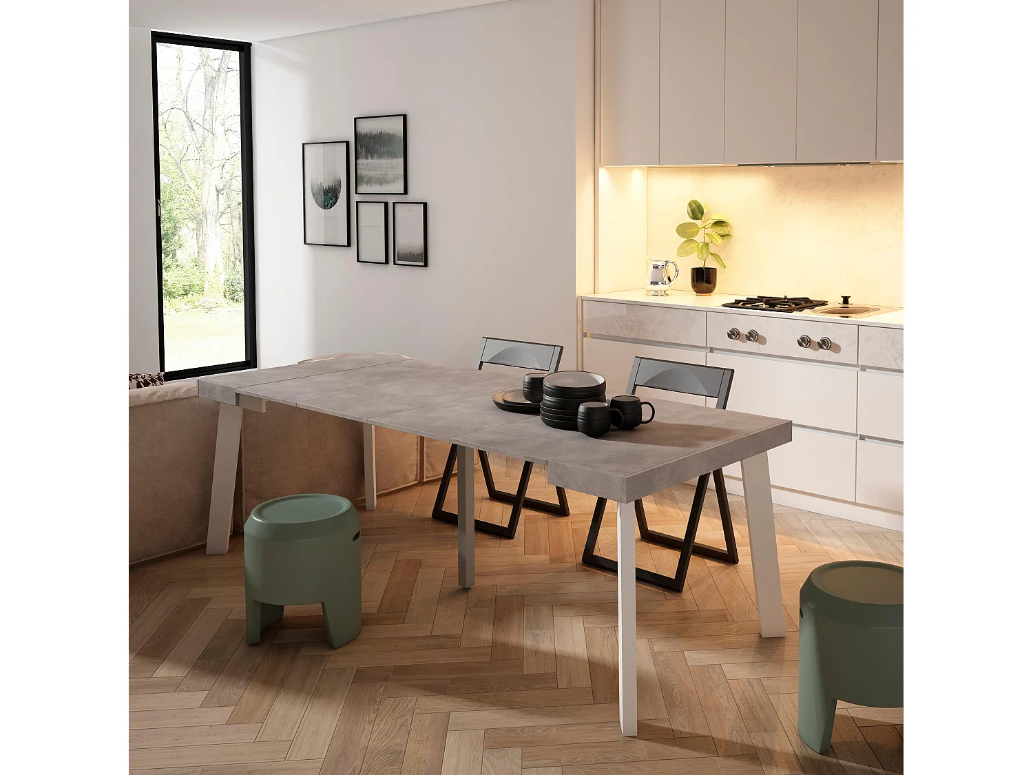 Table console extensible, 222x90x73cm, Pour 10 personnes, Pieds en bois, Ciment