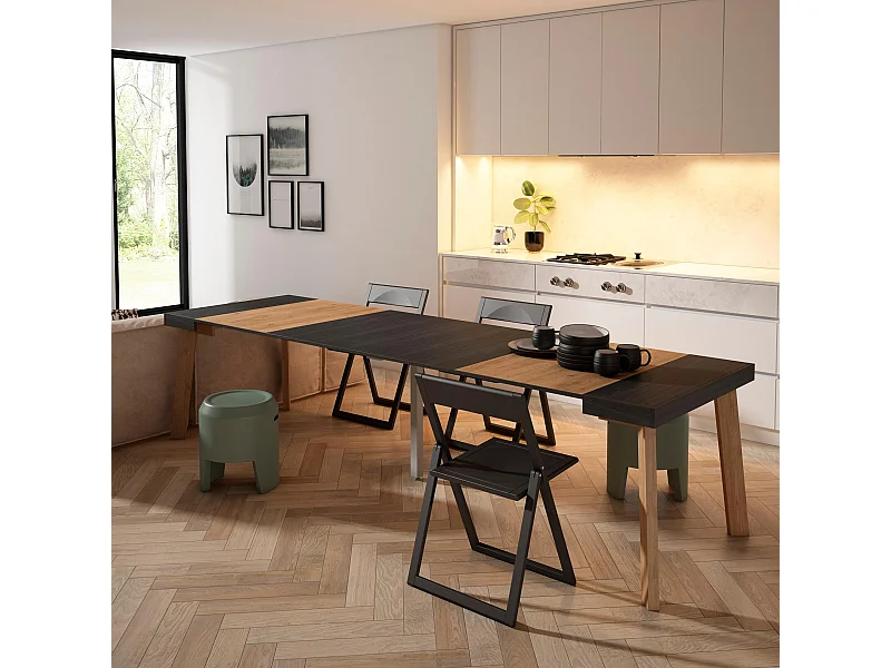 Uitschuifbare Consoletafel, 302x90x73cm, Voor 14 personen, Houten poten, Zwart/Eiken