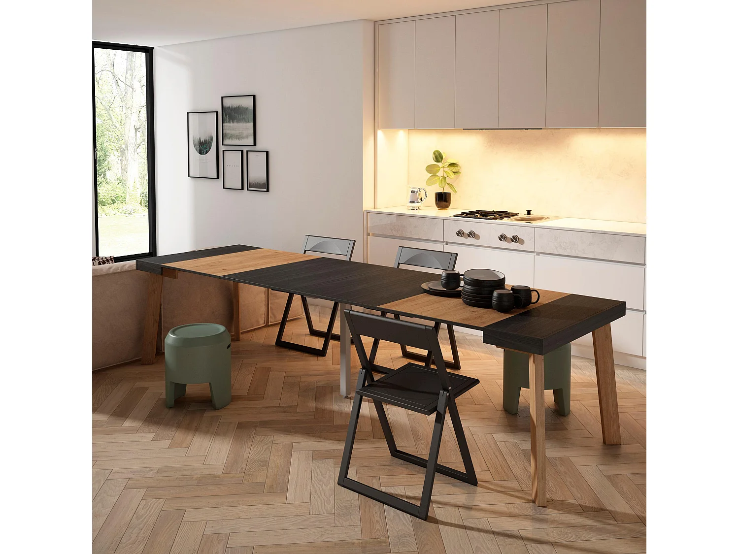 Table console extensible, 302x90x73cm, Pour 14 personnes, Pieds en bois, Noir et chêne