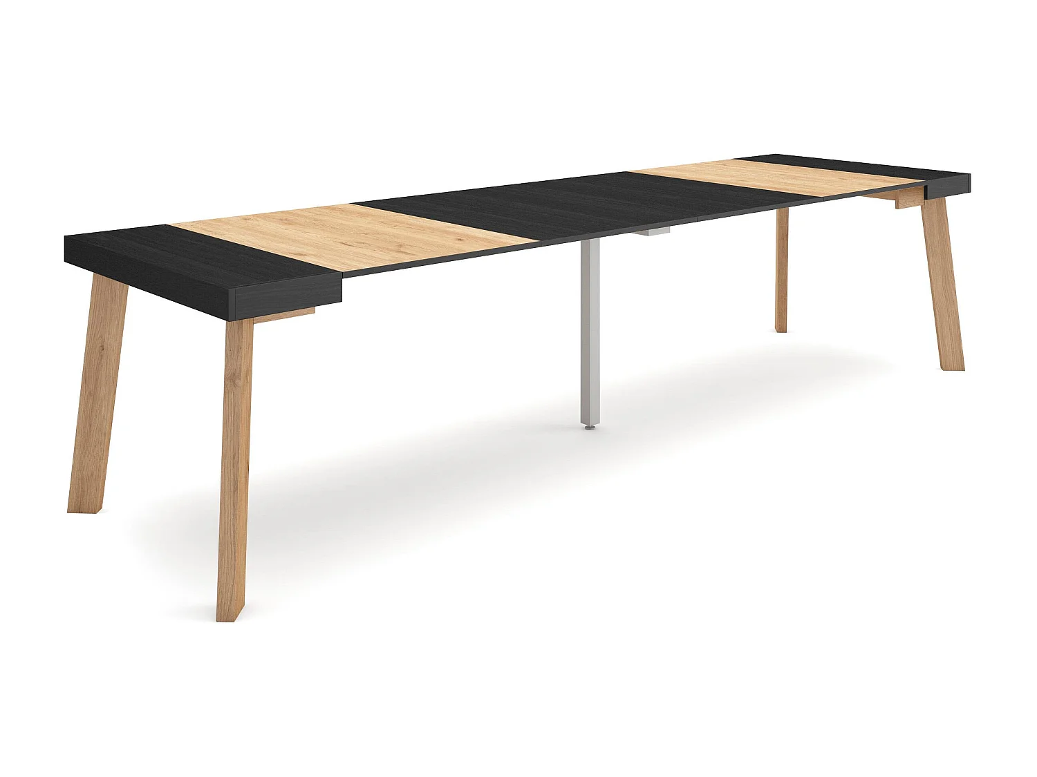 Table console extensible, 302x90x73cm, Pour 14 personnes, Pieds en bois, Noir et chêne