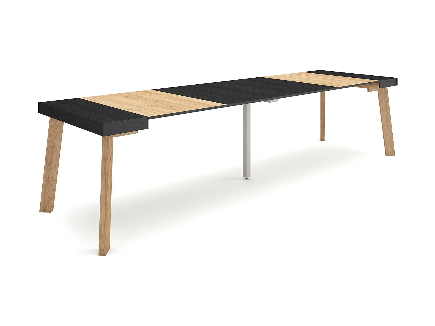 Table console extensible, 302x90x73cm, Pour 14 personnes, Pieds en bois, Noir et chêne