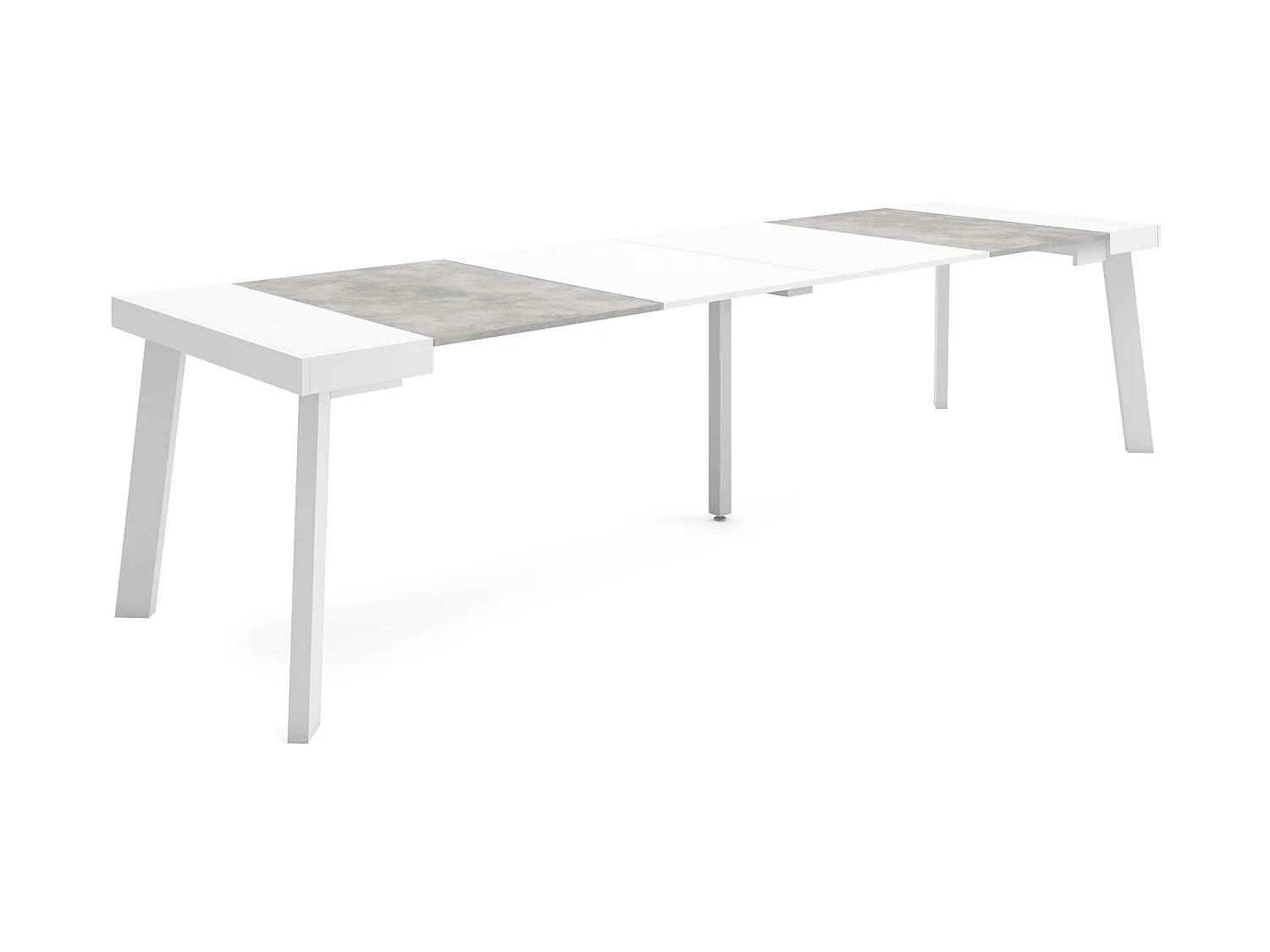 Table console extensible, 302x90x73cm, Pour 14 personnes, Pieds en bois, Blanc et ciment