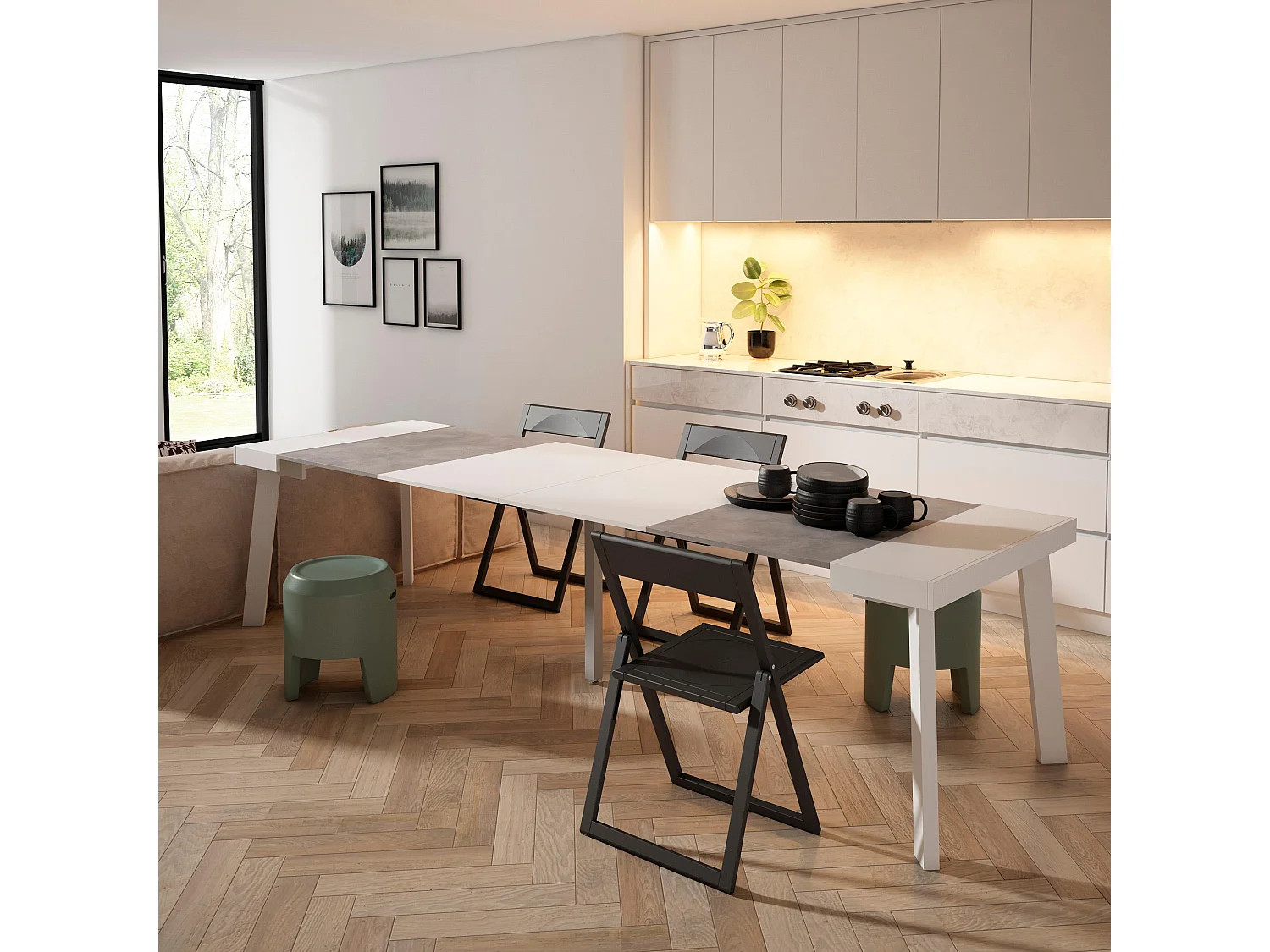 Uitschuifbare Consoletafel, 302x90x73cm, Voor 14 personen, Houten poten, Wit en Cement
