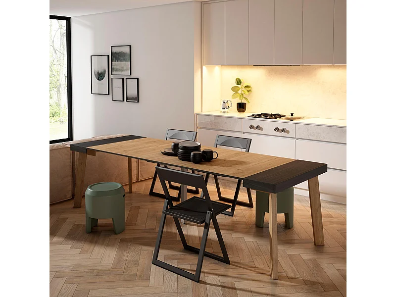 Uitschuifbare Consoletafel, 262x90x73cm, Voor 12 personen, Houten poten, Zwart/Eiken