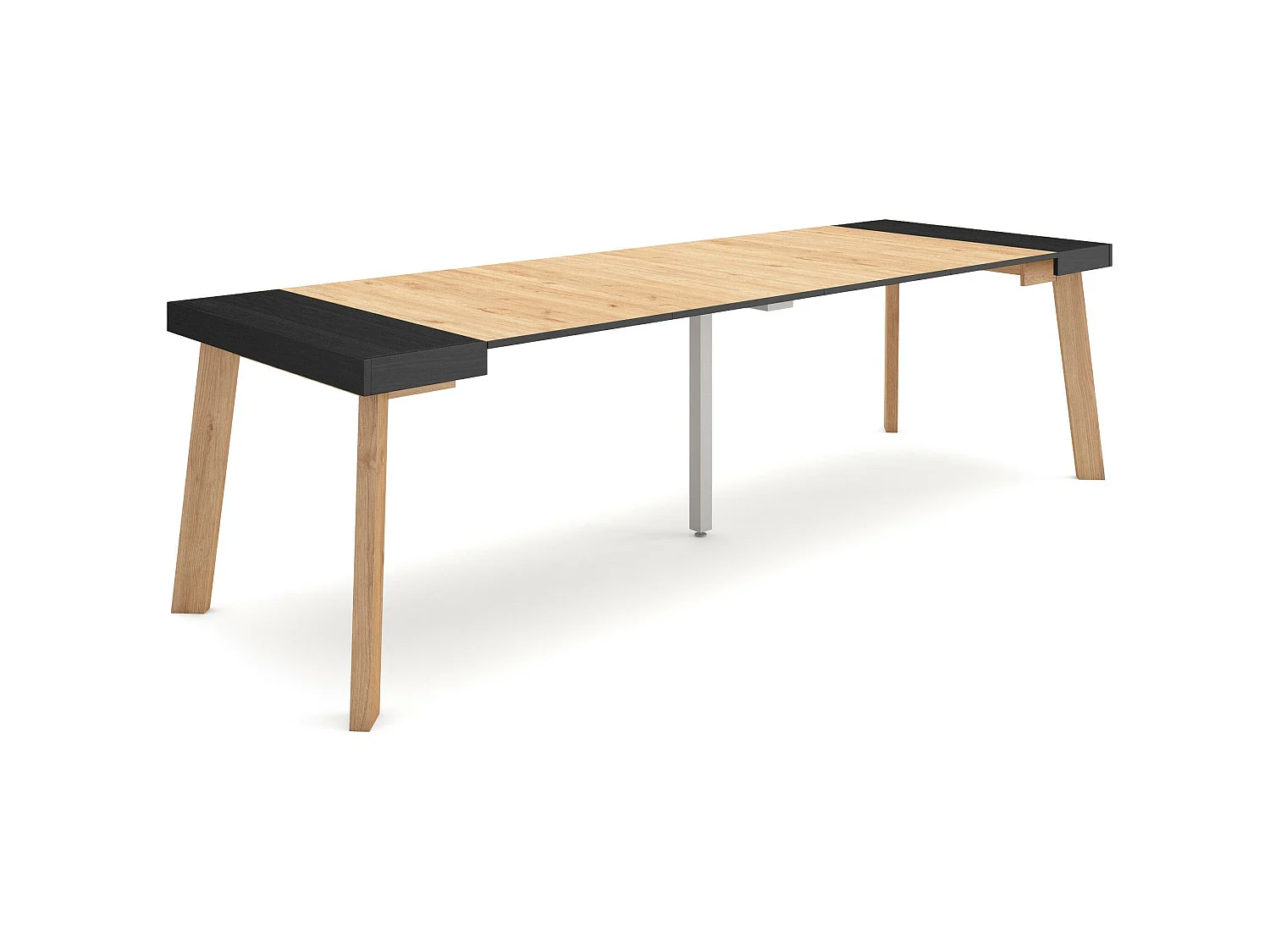 Table console extensible, 262x90x73cm, Pour 12 personnes, Pieds en bois, Noir et chêne