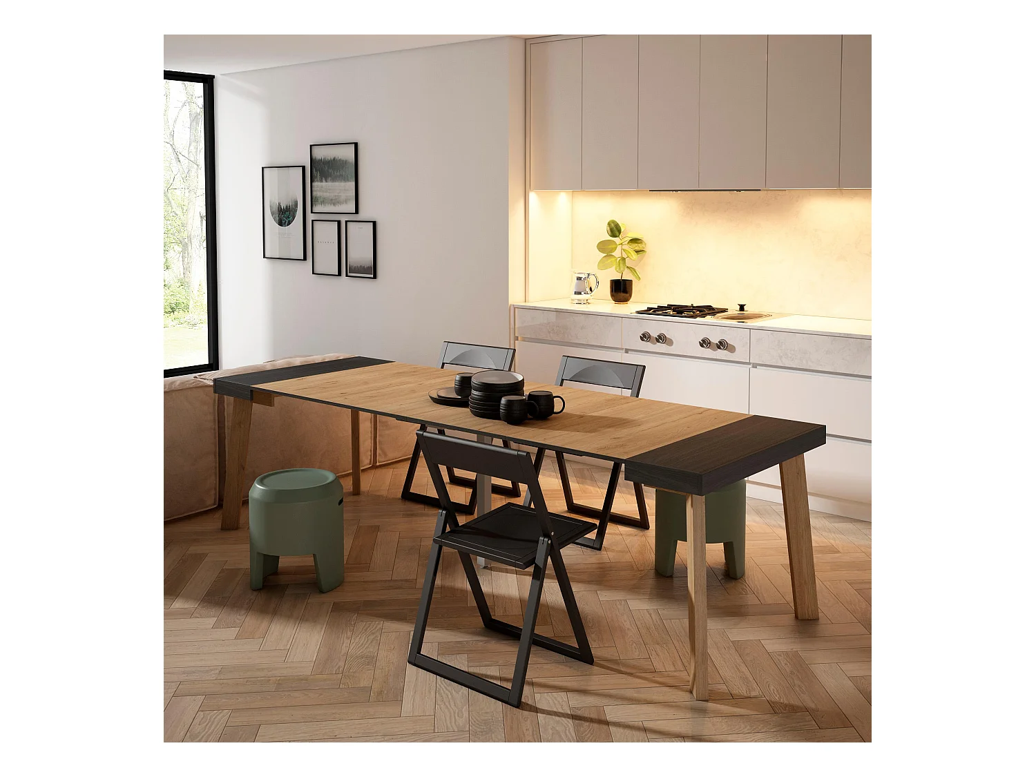 Uitschuifbare Consoletafel, 262x90x73cm, Voor 12 personen, Houten poten, Zwart/Eiken