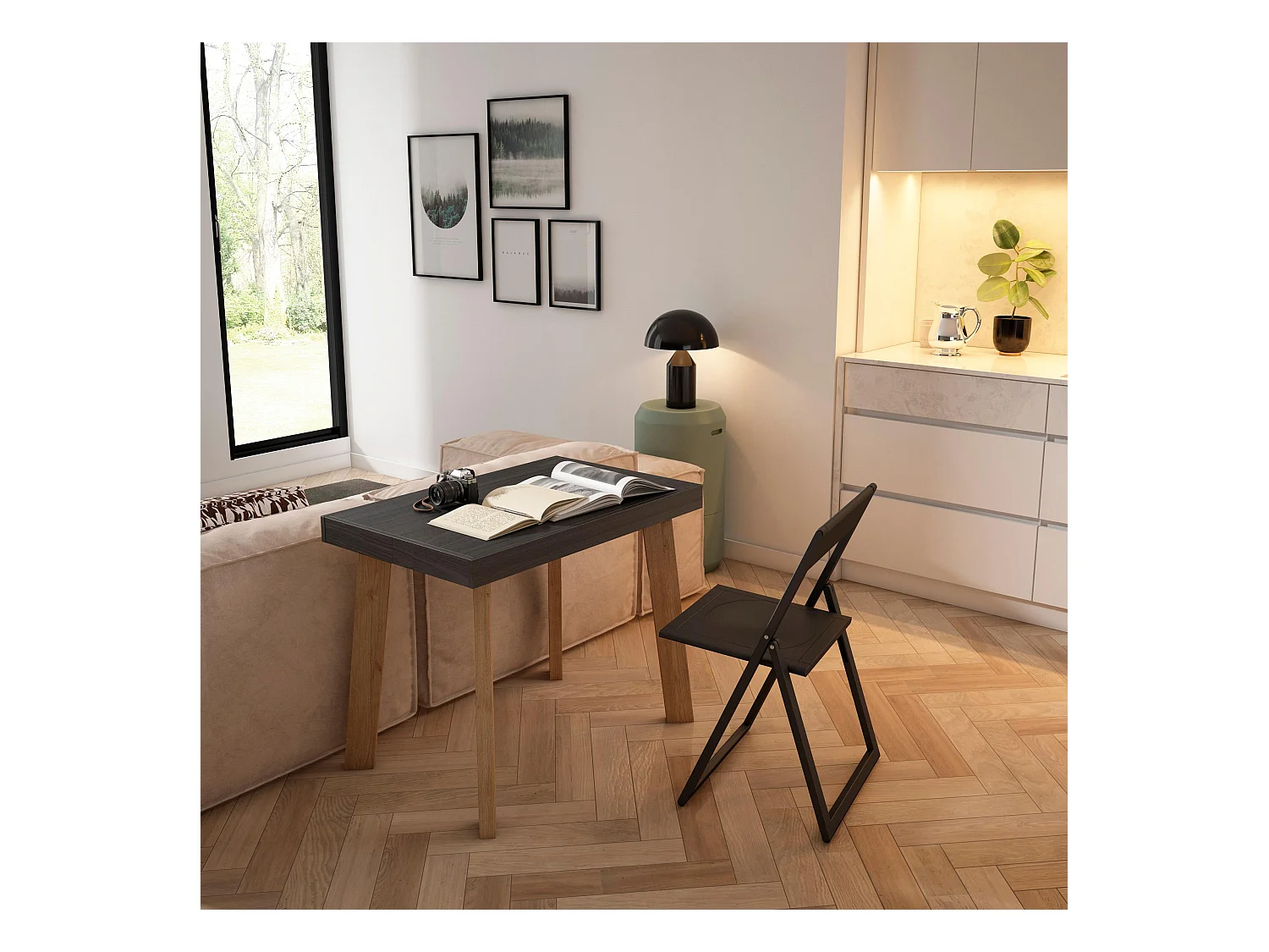 Uitschuifbare Consoletafel, 262x90x73cm, Voor 12 personen, Houten poten, Zwart/Eiken