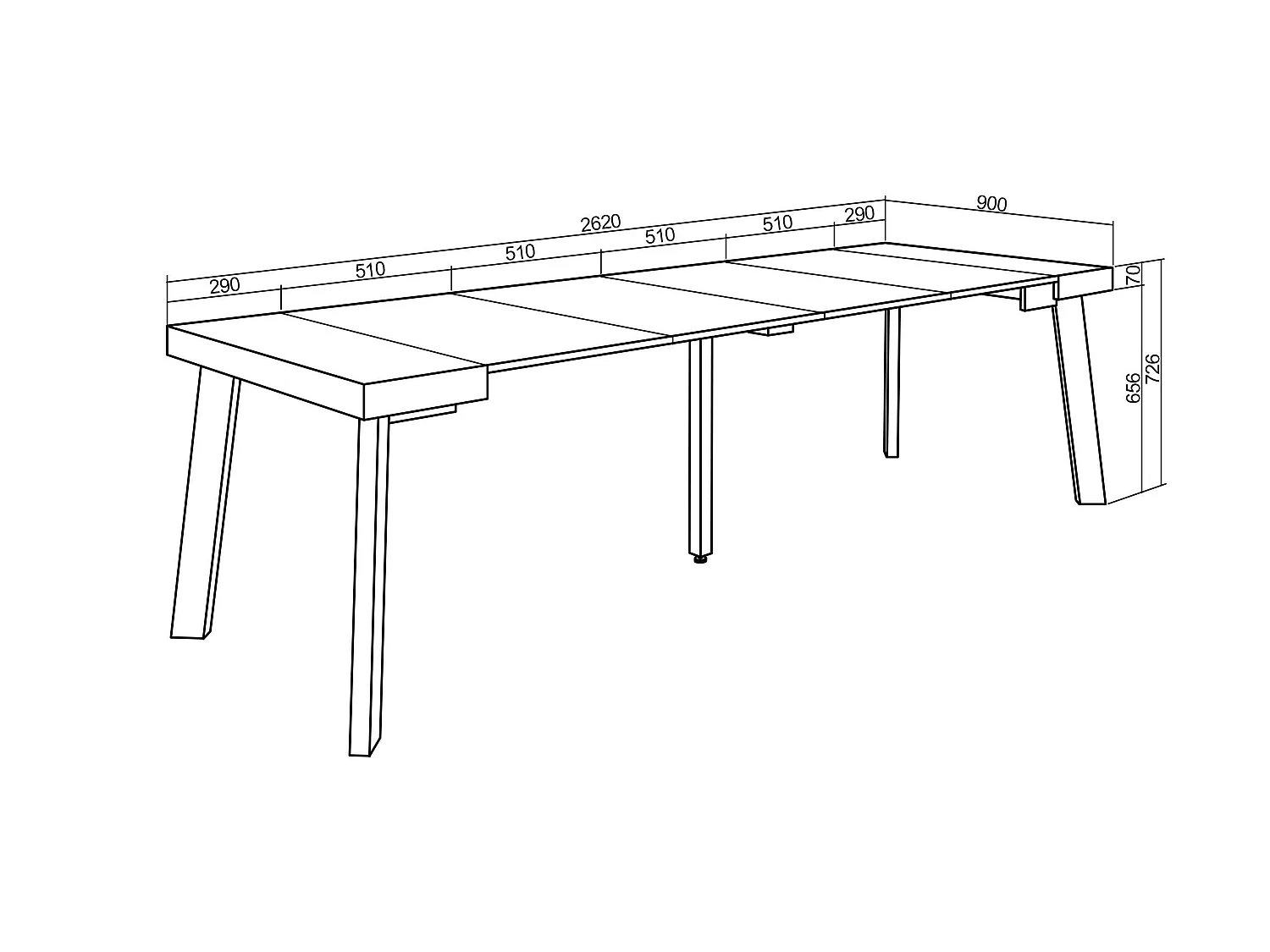 Uitschuifbare Consoletafel, 262x90x73cm, Voor 12 personen, Houten poten, Zwart/Eiken