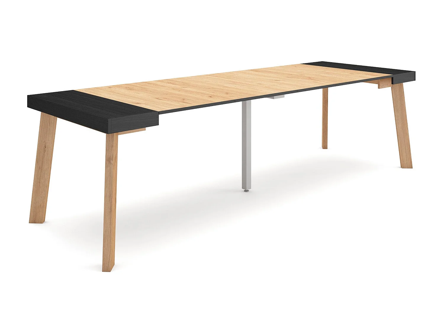 Table console extensible, 262x90x73cm, Pour 12 personnes, Pieds en bois, Noir et chêne