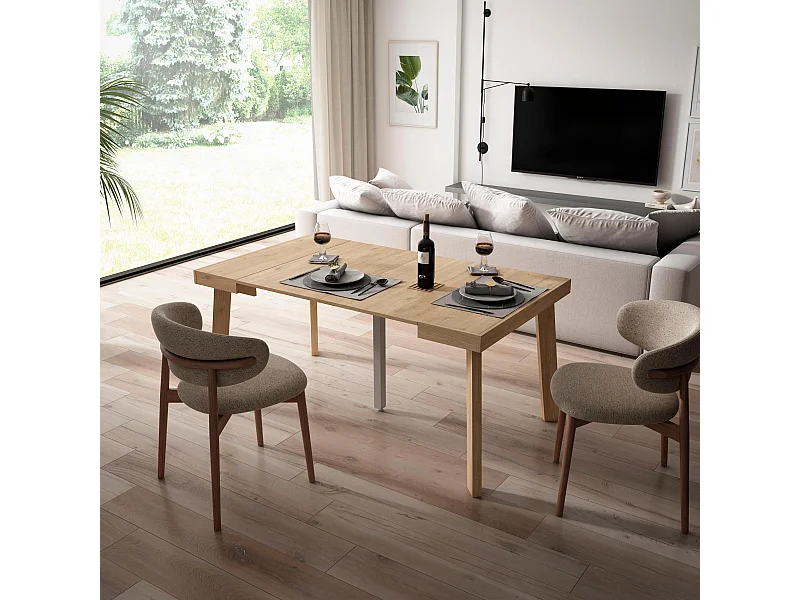 Uitschuifbare Consoletafel, 160x90x73cm, Voor 8 personen, Houten poten, Eiken