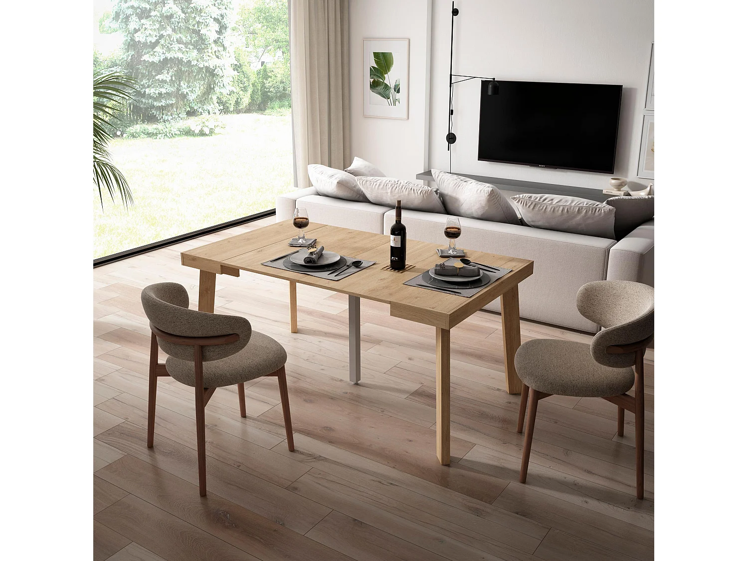 Table console extensible, 160x90x73cm, Pour 8 personnes, Pieds en bois, Chêne