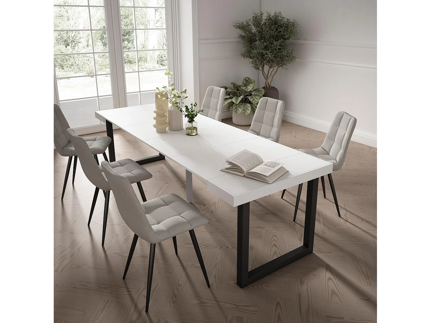 Table console extensible, 262x90x73cm, Pour 12 personnes, Pieds bois massif, Blanc
