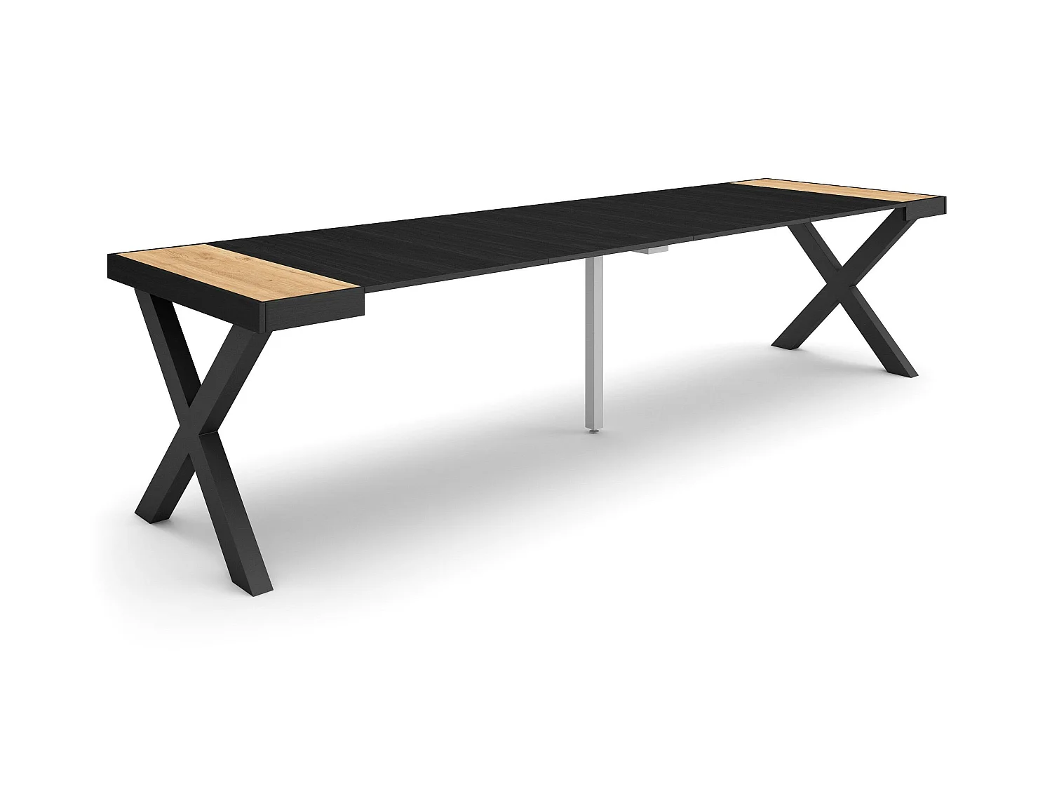 Table console extensible, 302x90x73cm, Pour 14 personnes, Pieds bois massif, Chêne et noir