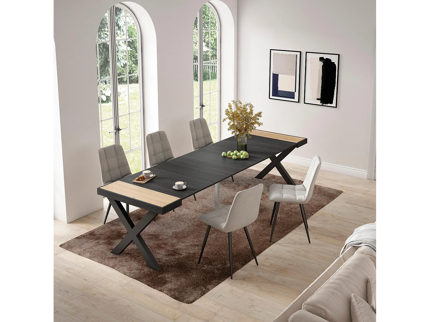 Table console extensible, 302x90x73cm, Pour 14 personnes, Pieds bois massif, Chêne et noir