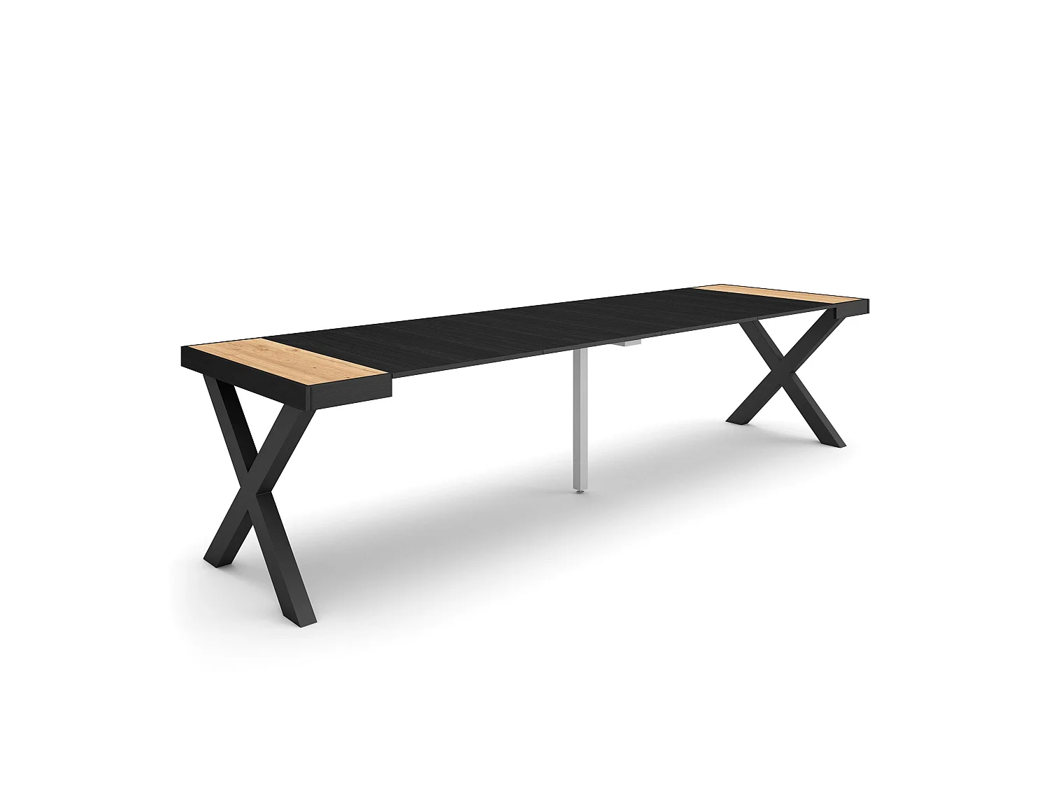 Uitschuifbare Consoletafel, 302x90x73cm, Voor 14 personen, Massief houten poten, Eiken/Zwart