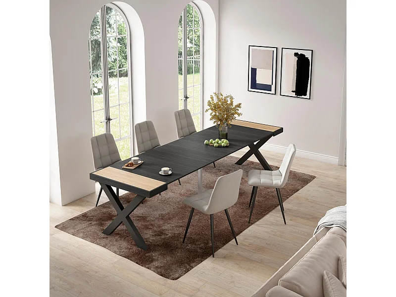 Table console extensible, 302x90x73cm, Pour 14 personnes, Pieds bois massif, Chêne et noir