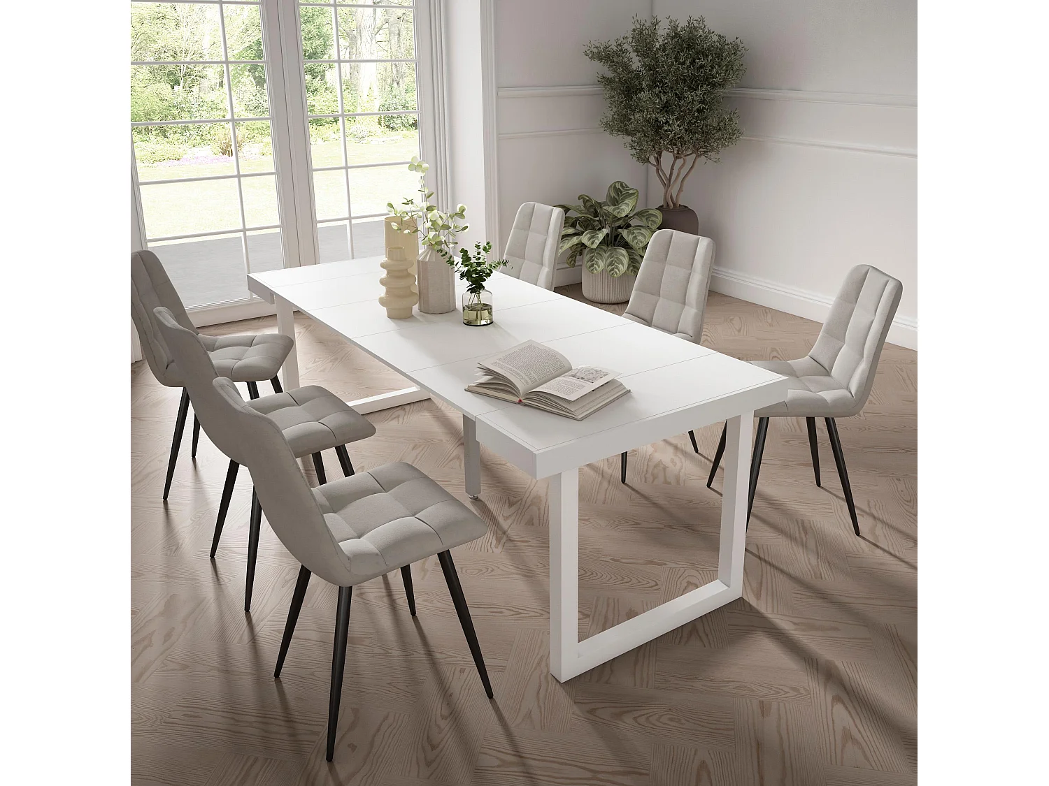 Table console extensible, 222x90x73cm, Pour 10 personnes, Pieds bois massif, Blanc