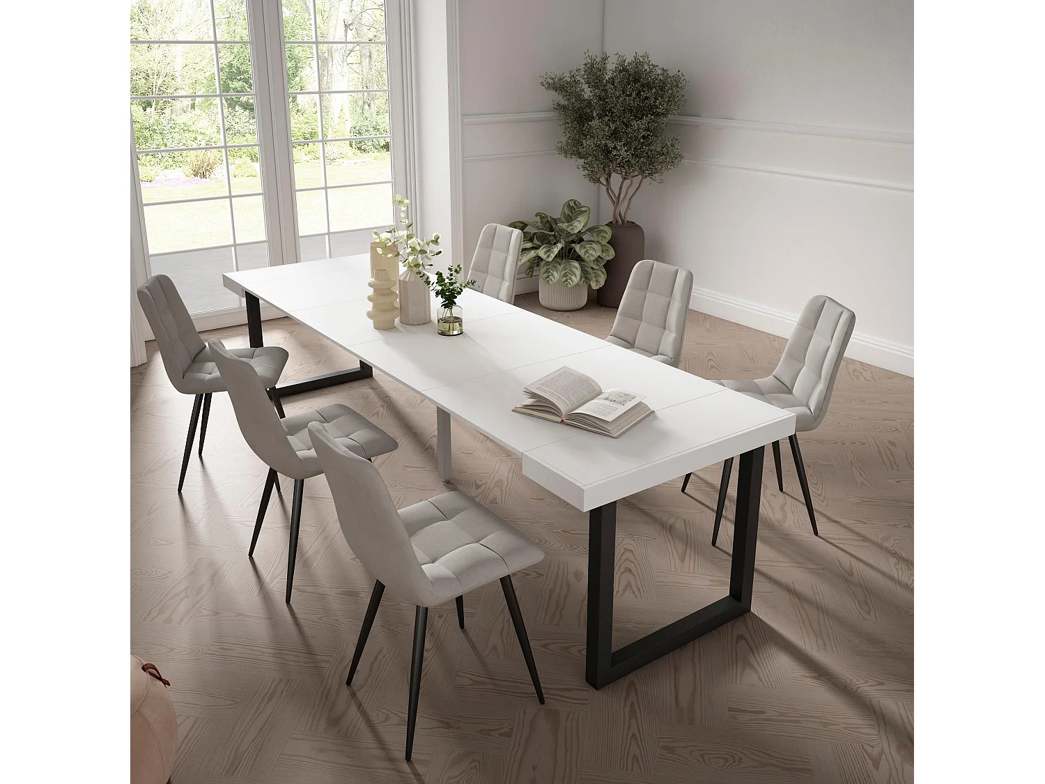 Table console extensible, 302x90x73cm, Pour 14 personnes, Pieds bois massif, Blanc