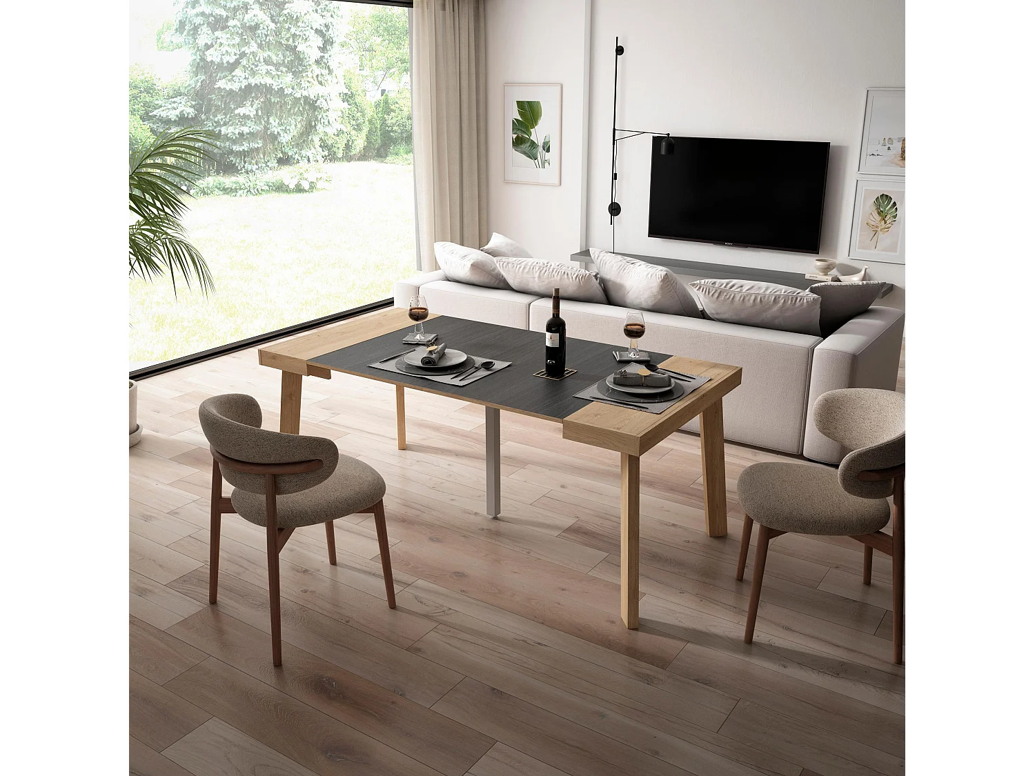 Ausziehbarertisch, 180x90x73cm, Für 8 Gäste, Hölzerne Beine, Eiche Schwarz