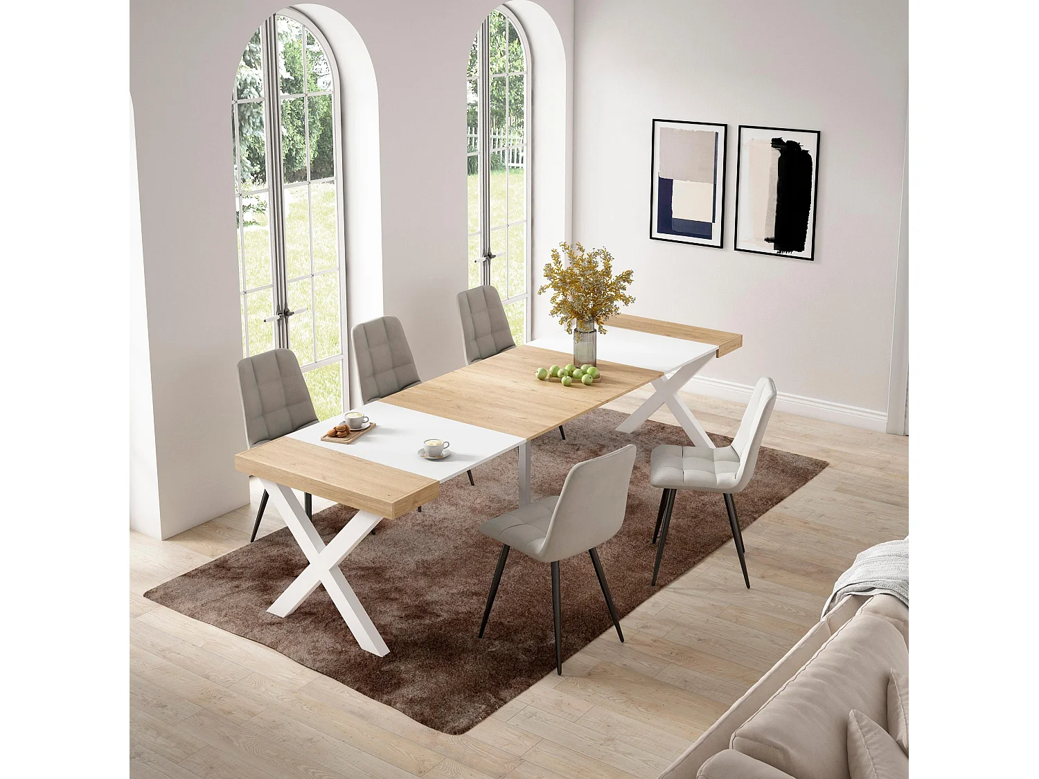 Mesa Consola extensible, 302x90x73cm, Para 14 comensales, Patas madera maciza, Roble y blanco