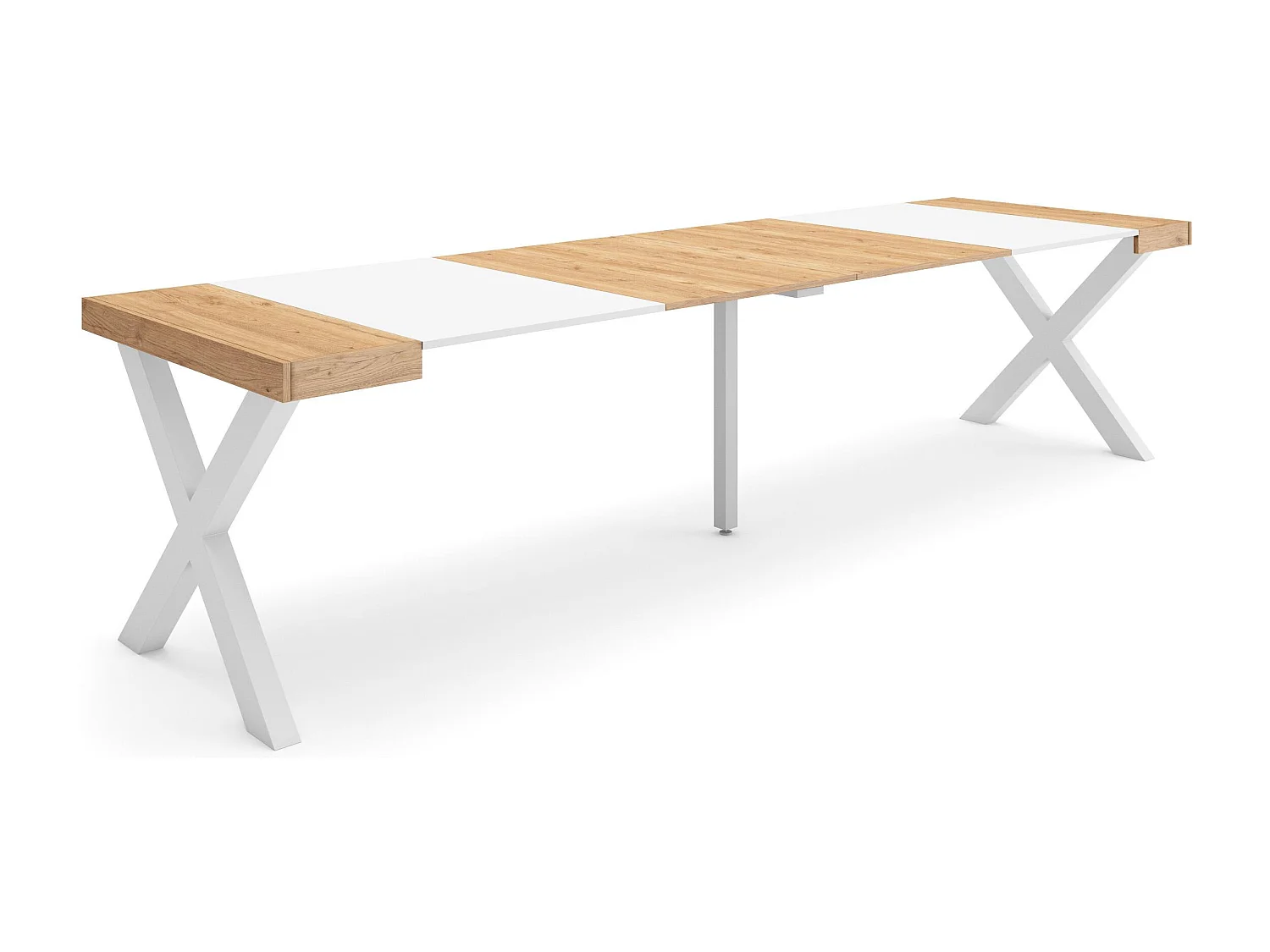 Mesa Consola extensible, 302x90x73cm, Para 14 comensales, Patas madera maciza, Roble y blanco