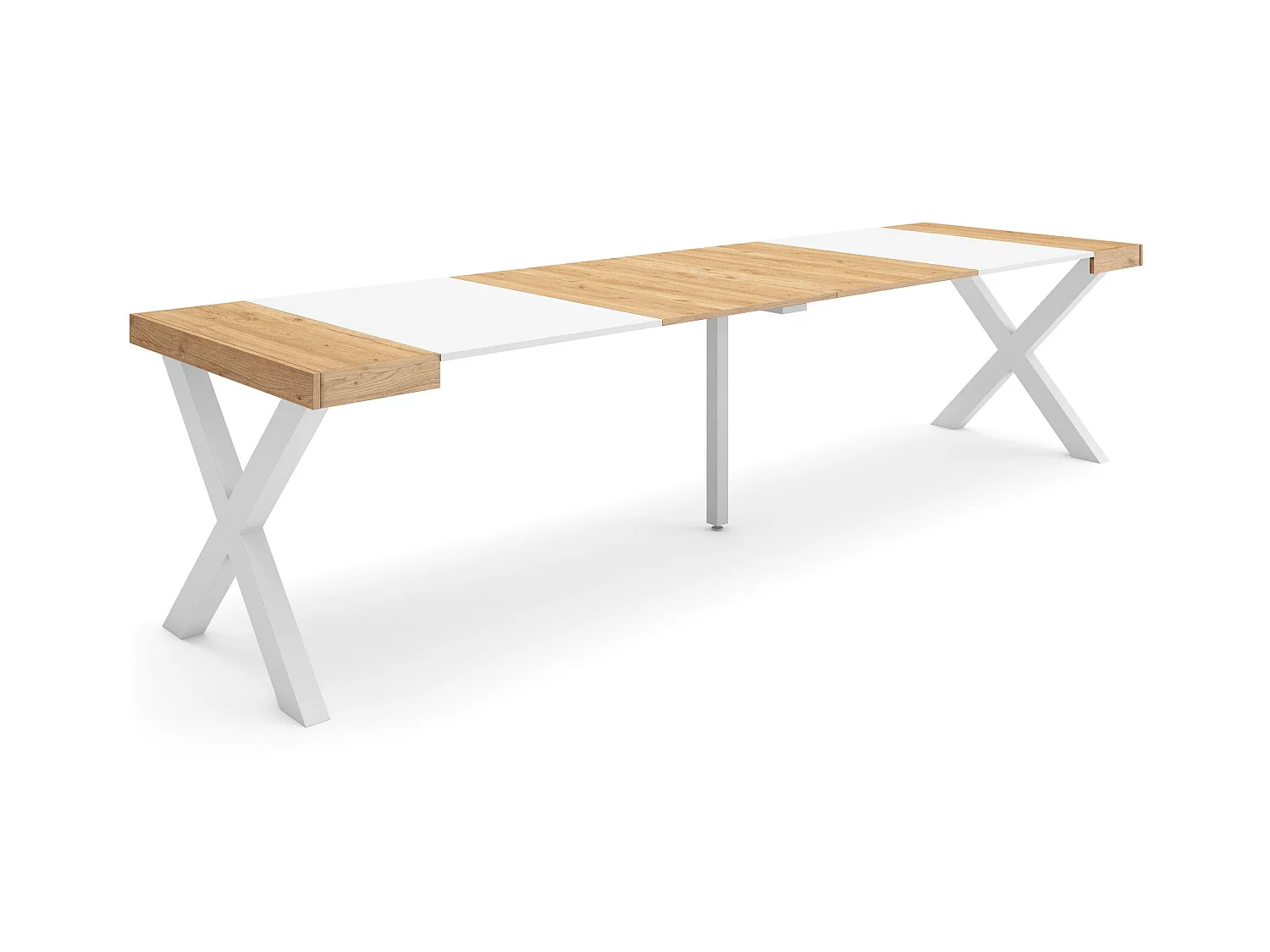 Table console extensible, 302x90x73cm, Pour 14 personnes, Pieds bois massif, Chêne et blanc