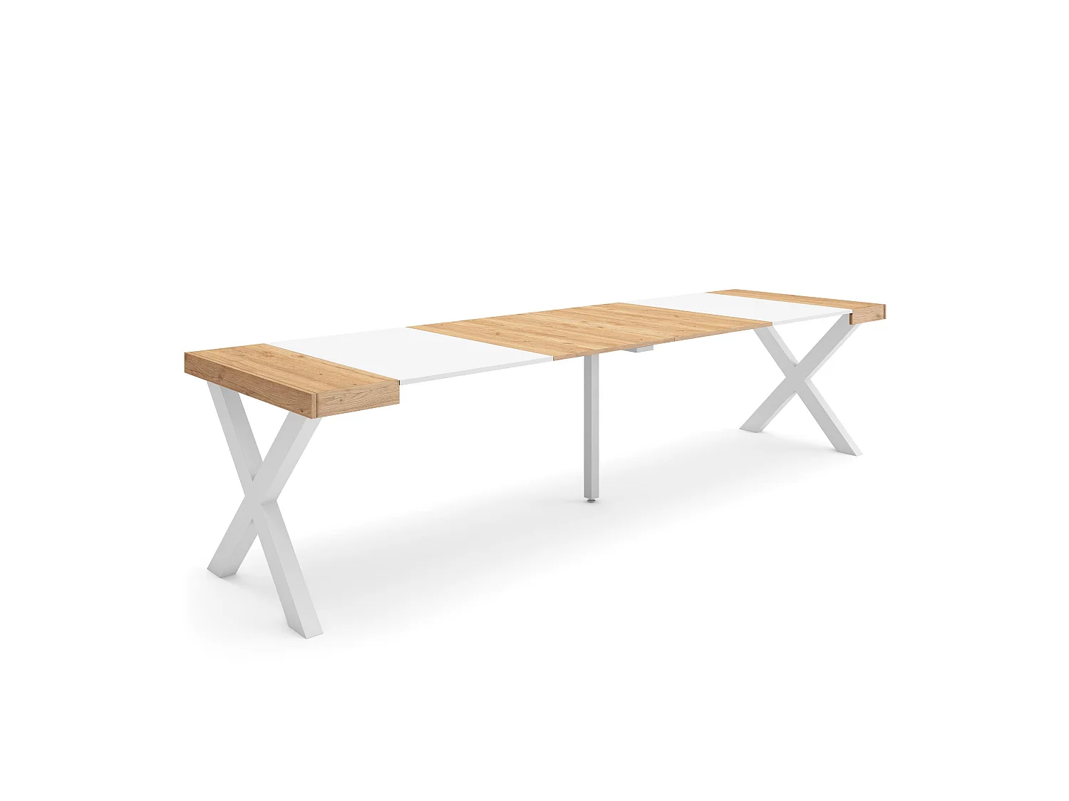 Table console extensible, 302x90x73cm, Pour 14 personnes, Pieds bois massif, Chêne et blanc