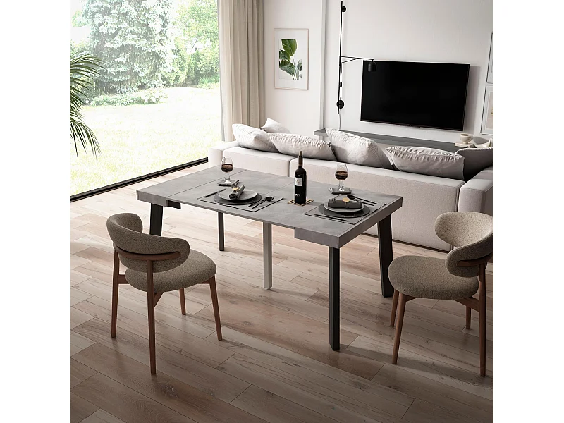 Table console extensible, 160x90x73cm, Pour 8 personnes, Pieds en bois, Ciment