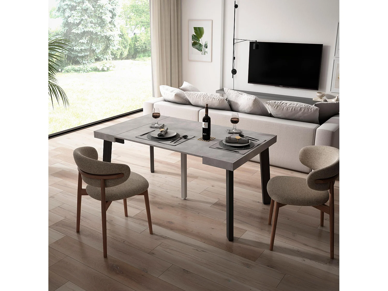 Table console extensible, 160x90x73cm, Pour 8 personnes, Pieds en bois, Ciment