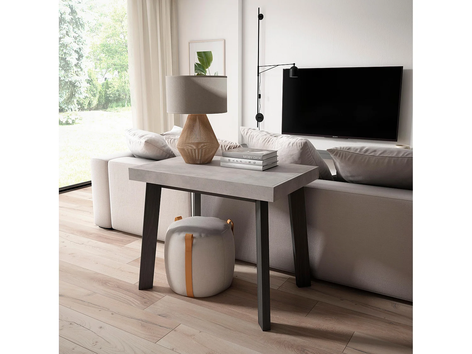 Uitschuifbare Consoletafel, 160x90x73cm, Voor 8 personen, Houten poten, Cement