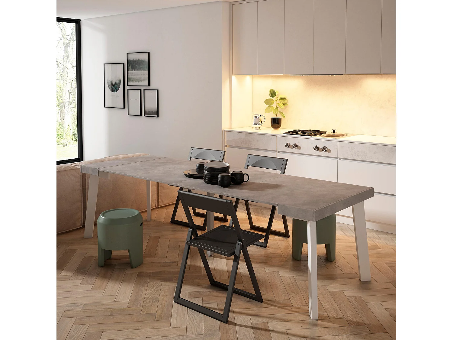 Uitschuifbare Consoletafel, 262x90x73cm, Voor 12 personen, Houten poten, Cement