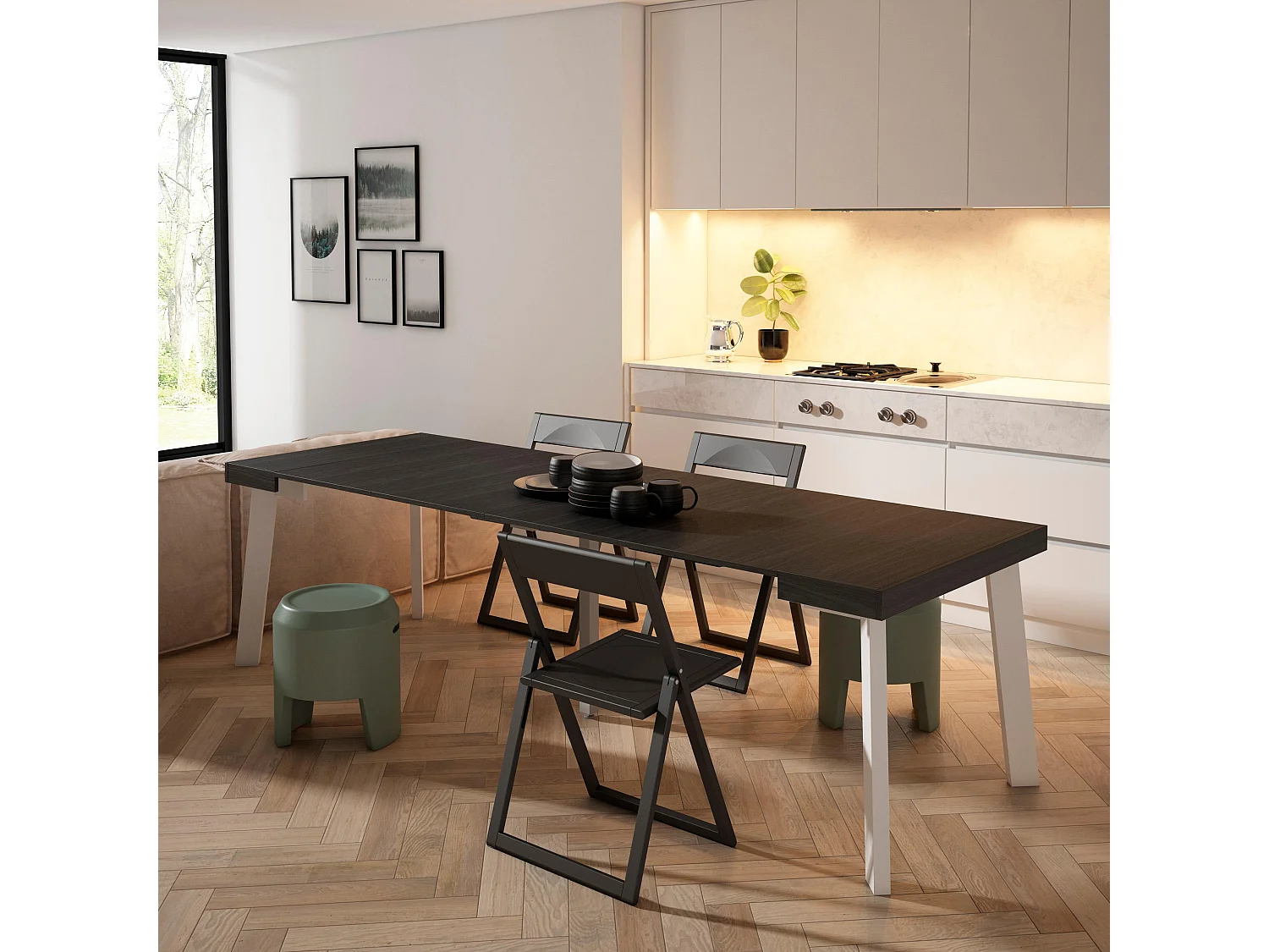 Mesa Consola Extensível, 262x90x73cm, Para 12 pessoas, Pés de madeira, Preto