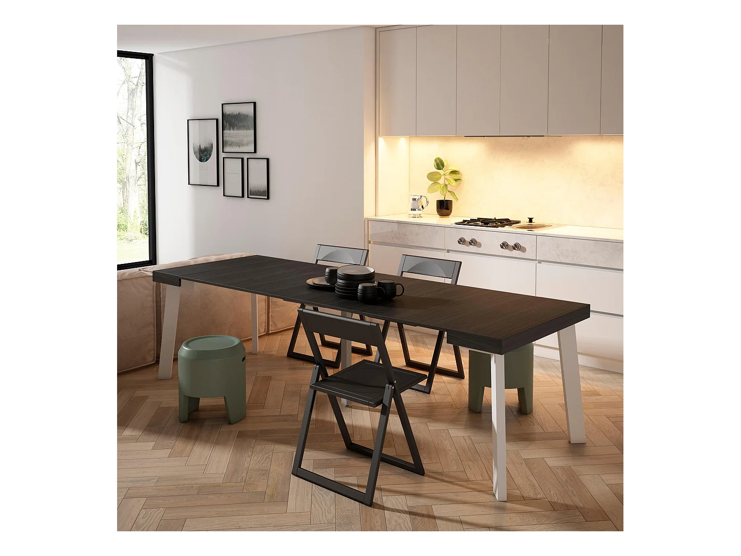 Table console extensible, 262x90x73cm, Pour 12 personnes, Pieds en bois, Noir