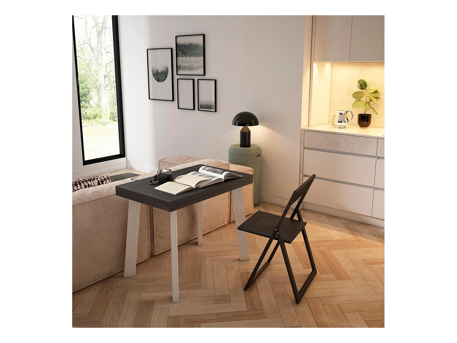 Table console extensible, 262x90x73cm, Pour 12 personnes, Pieds en bois, Noir