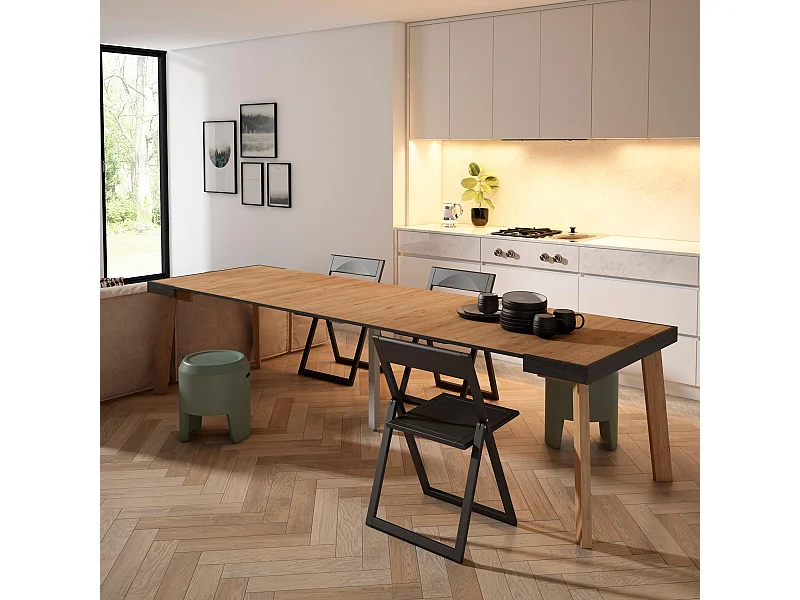 Ausziehbarertisch, 302x90x73cm, Für 14 Gäste, Hölzerne Beine, Eiche