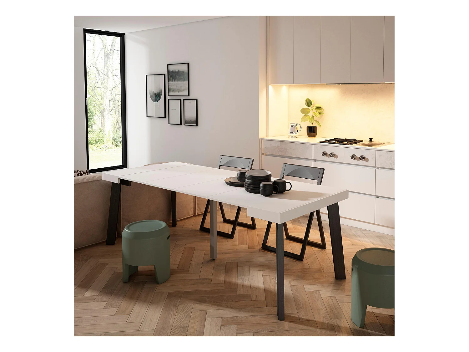 Uitschuifbare Consoletafel, 222x90x73cm, Voor 10 personen, Houten poten, Wit