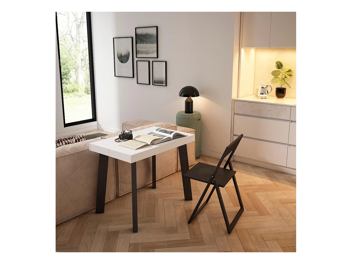 Uitschuifbare Consoletafel, 222x90x73cm, Voor 10 personen, Houten poten, Wit