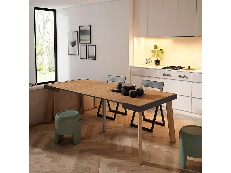 Ausziehbarertisch, 222x90x73cm, Für 10 Gäste, Hölzerne Beine, Eiche